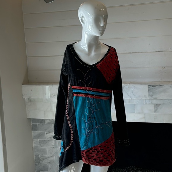 Boho Nepalese Embroidered Floral Black Multicolored Cotton Mini Dress Size Small - Picture 1 of 10